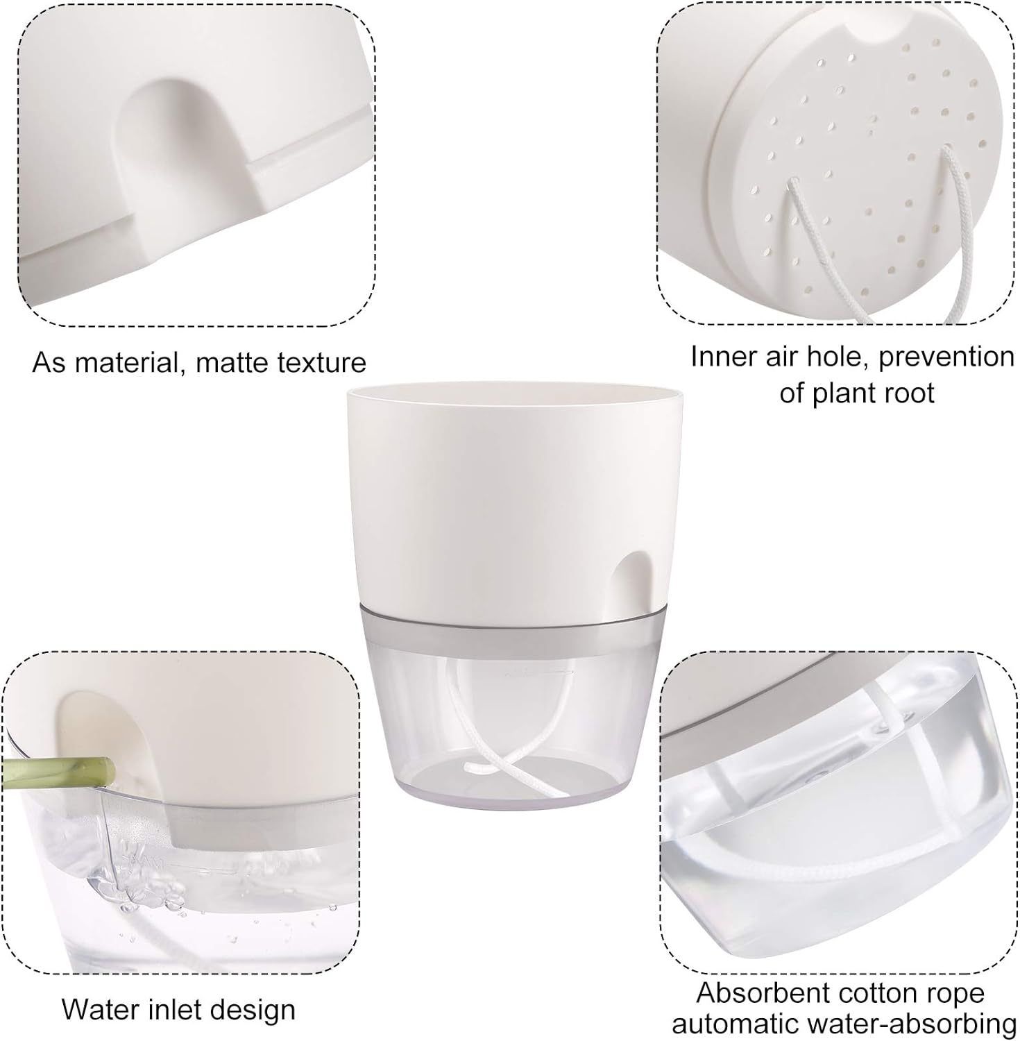 3 Pack White Indoor Self Watering Planter Pot - 6 Inch Double Layer Rempvable view 3