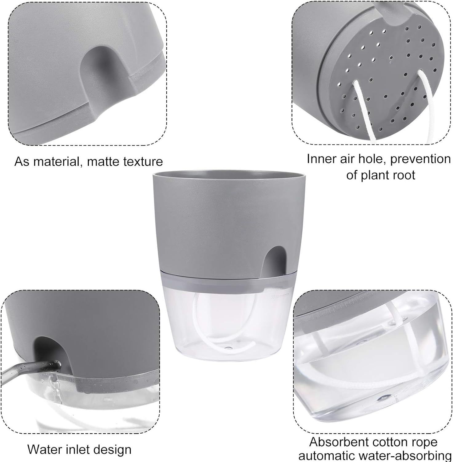 Grey Indoor Self Watering Planter Pot - 6 Inch Double Layer Rempvable Plastic view 4
