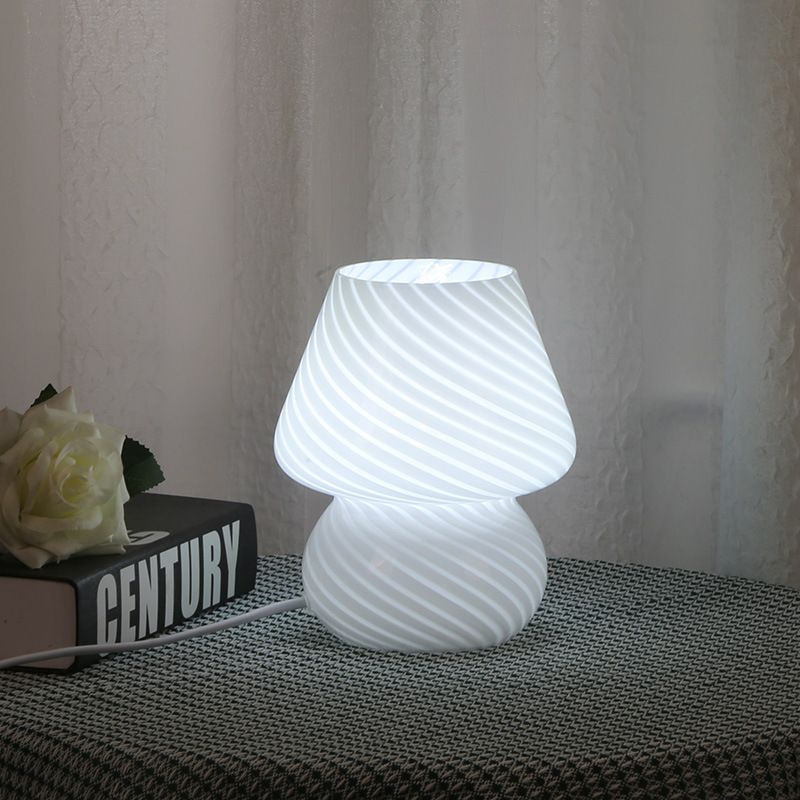 White Striped Retro All Glass Mushroom Table Lamp - American Style Creative