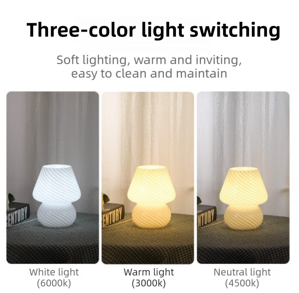 White Striped Retro All Glass Mushroom Table Lamp - American Style Creative view 3