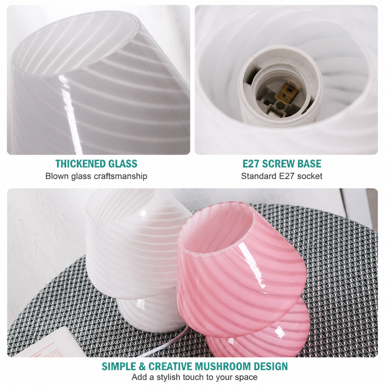 White Striped Retro All Glass Mushroom Table Lamp - American Style Creative view 4