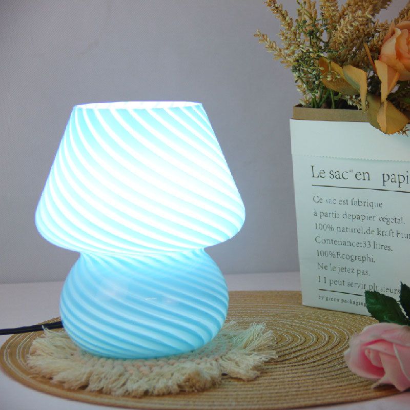 Blue Striped Retro All Glass Mushroom Table Lamp - American Style Creative