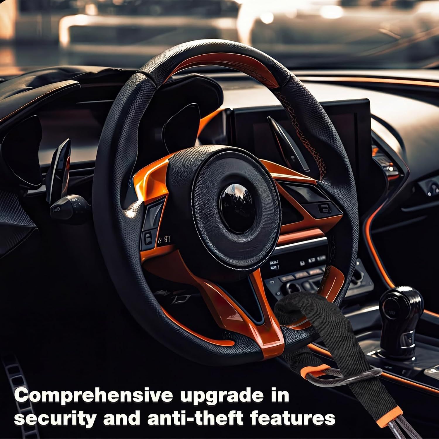 2 Set Black and Orange 28 Inch Car Steering Wheel Anti Theft Lock - Universal view 5