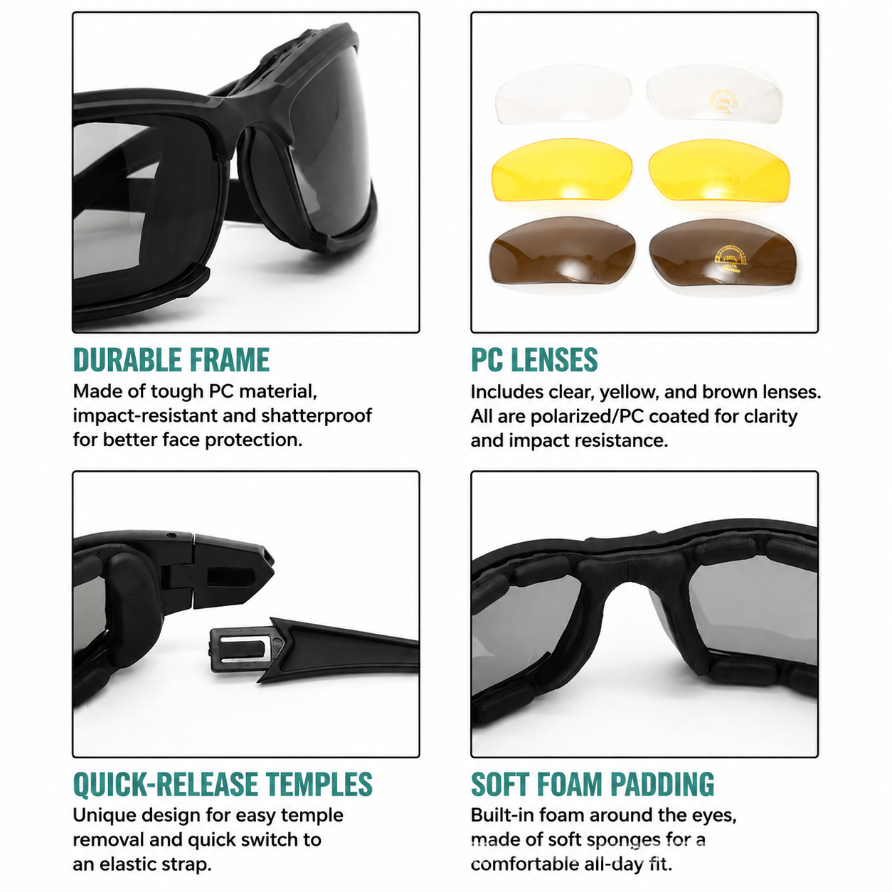 Khaki Tactical Protection Goggles with Storage Box and Elastic Straps (PC view 2