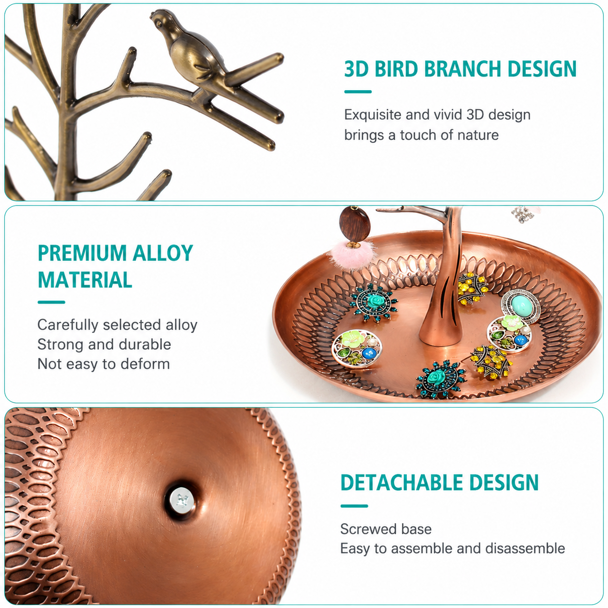 Ancient Cyan Detachable Alloy Jewelry Stand Deco with Bird-Tree Shaped view 3