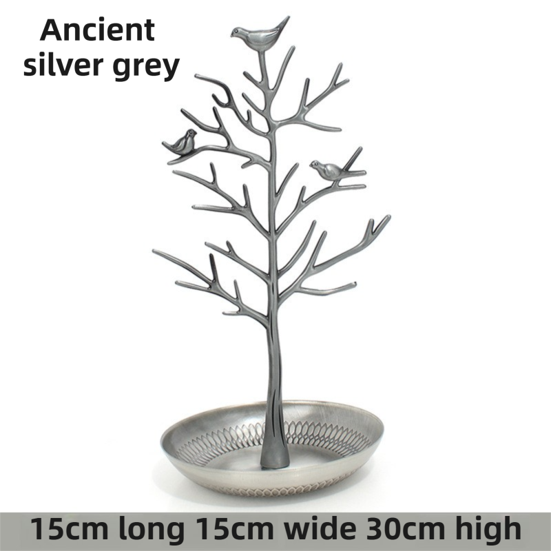 Ancient Silver Grey Detachable Alloy Jewelry Stand Deco with Bird-Tree Shaped