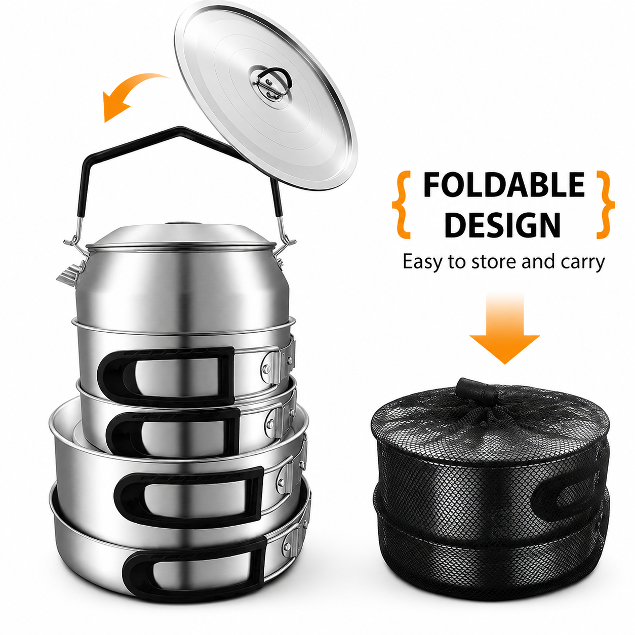2-Piece Food Grade Stainless Steel Camping Cookware Set with 1.6L Kettle and view 5