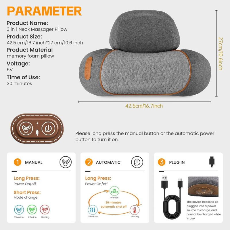 3 in 1 Electric Cervical Neck Massager Pillow (Airbag Traction + Heat Compress view 3