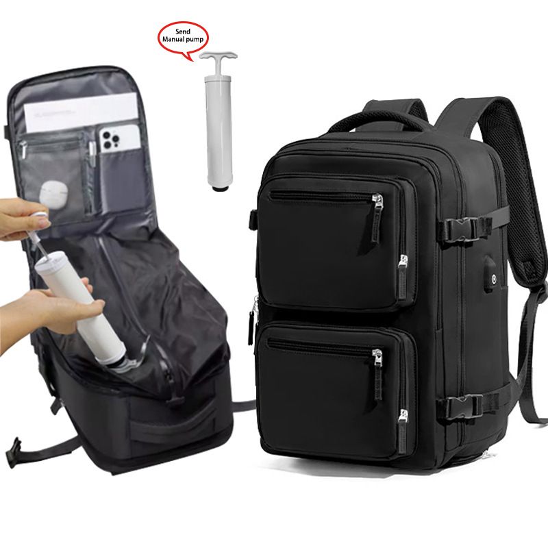 Black 35L Vacuum Compression Travel Backpack with Manual Air Pump