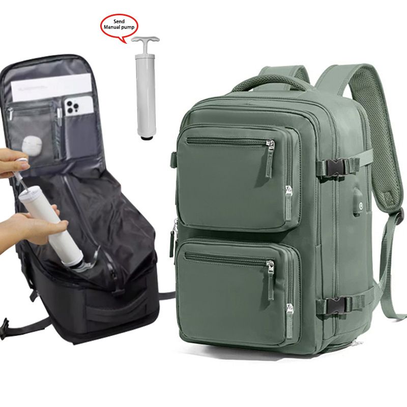 Green 35L Vacuum Compression Travel Backpack with Manual Air Pump