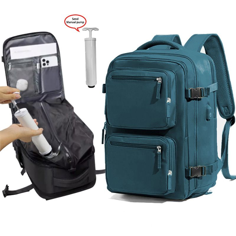 Blue 35L Vacuum Compression Travel Backpack with Manual Air Pump