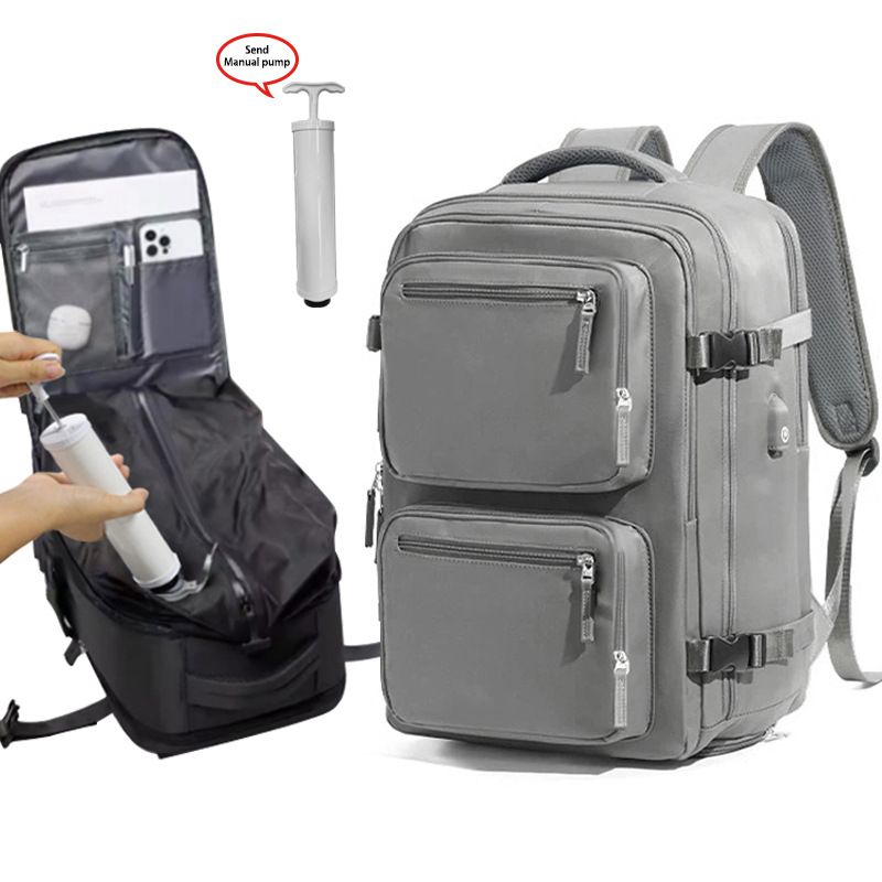 Grey 35L Vacuum Compression Travel Backpack with Manual Air Pump
