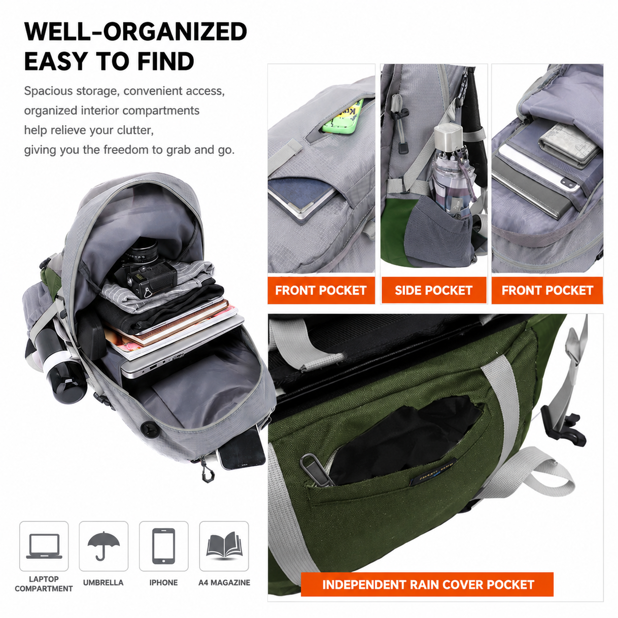 40L Grey Lightweight Outdoor Hiking Backpack with Detachable Suspended Frame & view 4