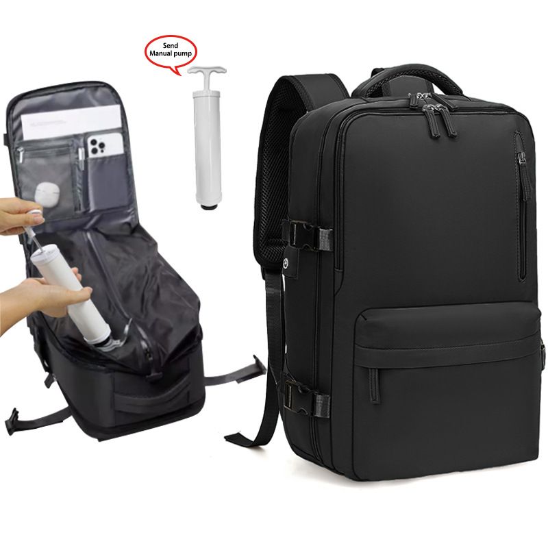 Black 35L Vacuum Compression Travel Backpack with Manual Air Pump