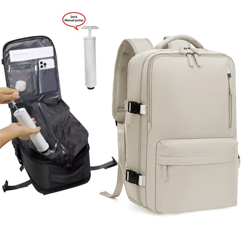 Beige 35L Vacuum Compression Travel Backpack with Manual Air Pump