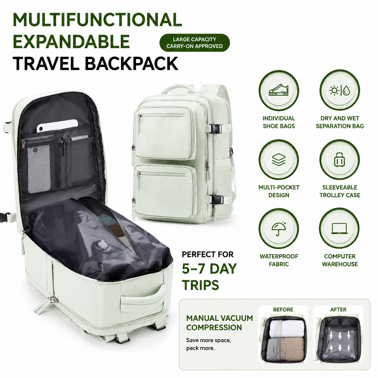 Beige 35L Vacuum Compression Travel Backpack with Manual Air Pump view 2