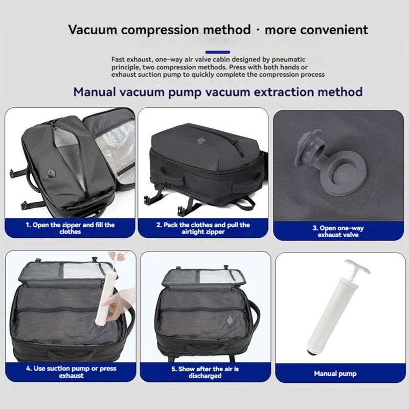 Blue 35L Vacuum Compression Travel Backpack with Manual Air Pump view 9