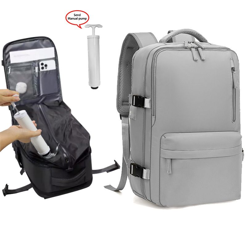 Grey 35L Vacuum Compression Travel Backpack with Manual Air Pump