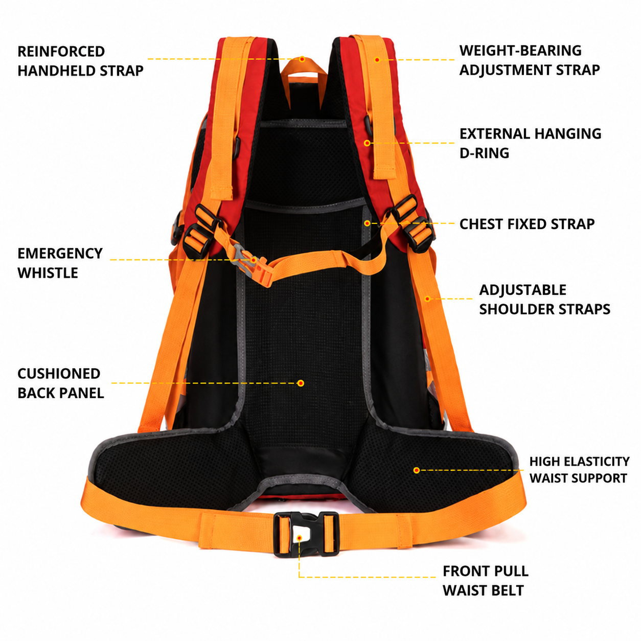 40L Yellow Lightweight Outdoor Hiking Backpack with Rain Cover view 5