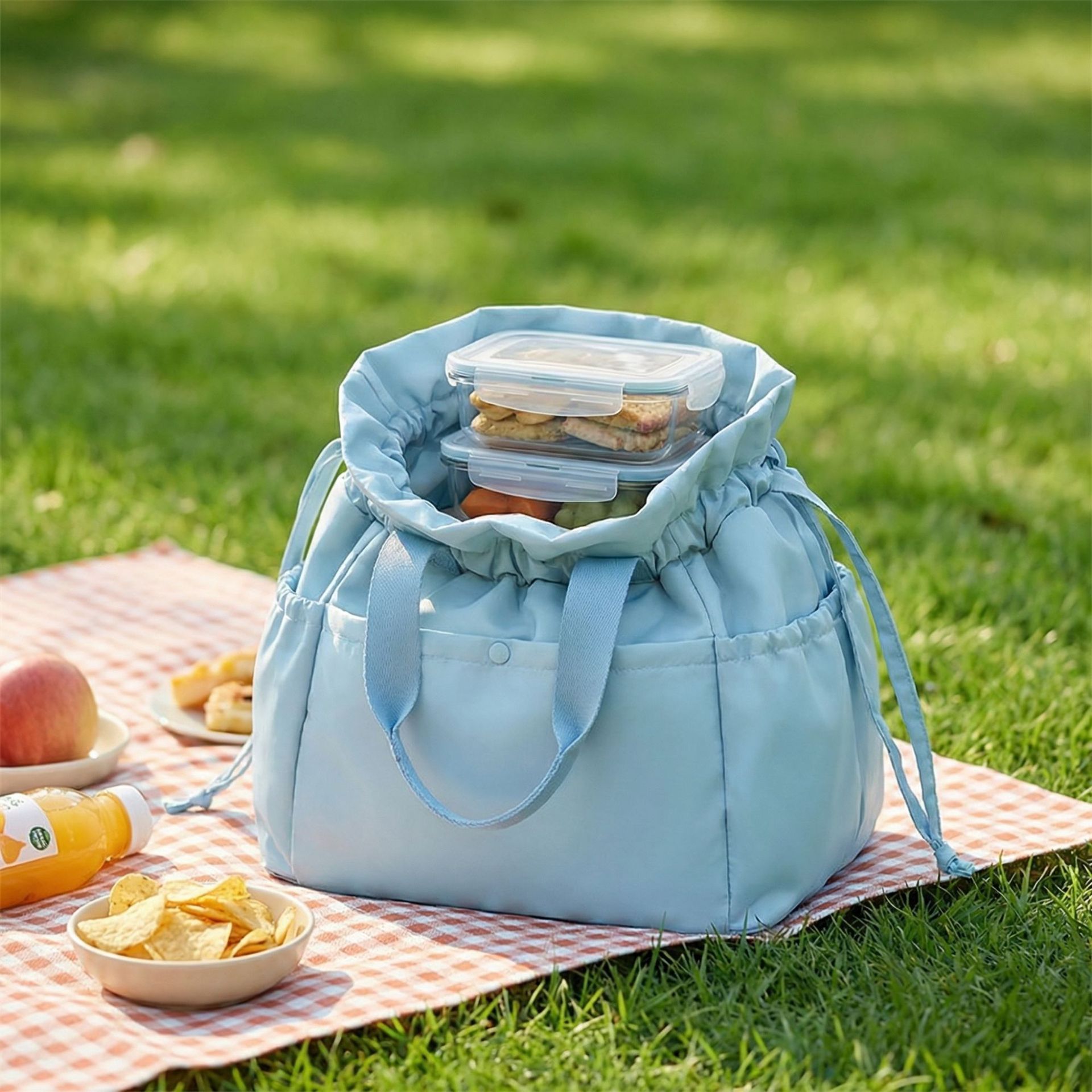 Blue Insulated Lunch Bag for Women Men - Portable Drawstring Tote Lunch Box