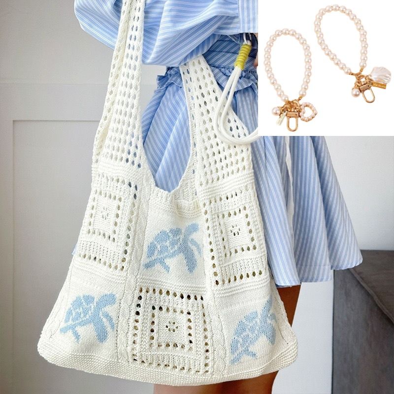 Bohemian Crochet Beach Tote Bag with Seashell & Heart Pearl Charm Keychains