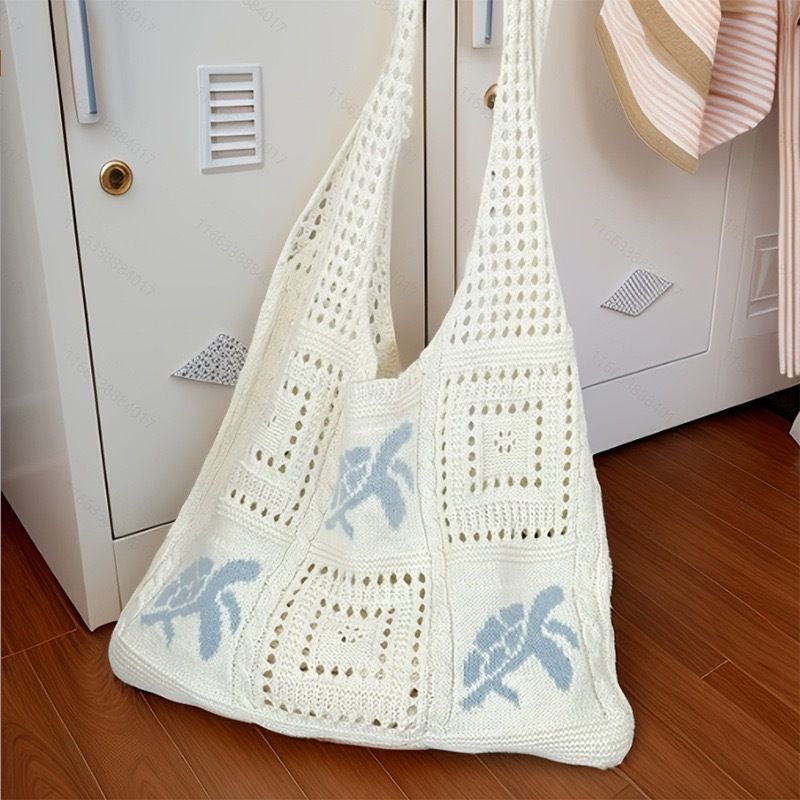 Bohemian Crochet Beach Tote Bag with Seashell & Heart Pearl Charm Keychains view 2