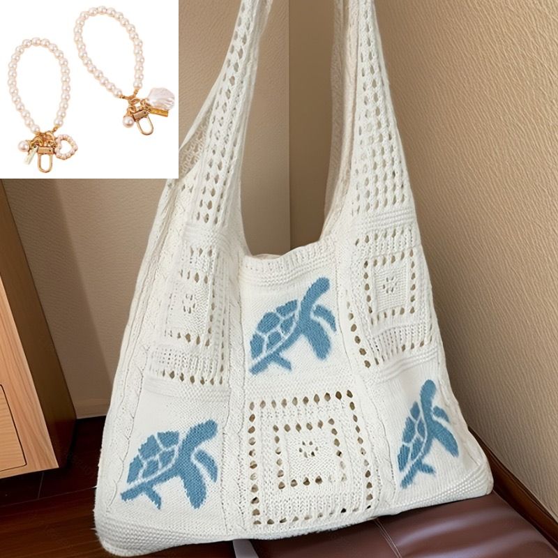 Bohemian Crochet Beach Tote Bag with Seashell & Heart Pearl Charm Keychains