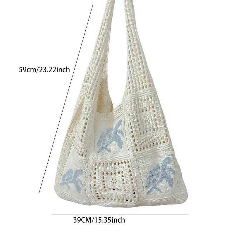 Bohemian Crochet Beach Tote Bag with Seashell & Heart Pearl Charm Keychains view 4