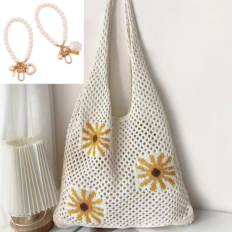 Bohemian Crochet Beach Tote Bag with Seashell & Heart Pearl Charm Keychains