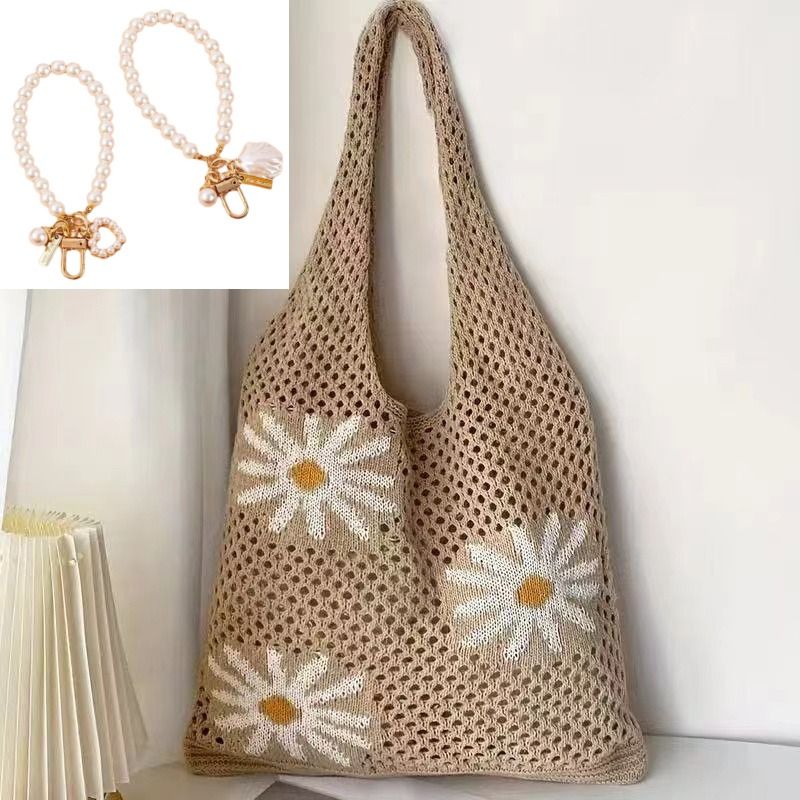 Bohemian Crochet Beach Tote Bag with Seashell & Heart Pearl Charm Keychains