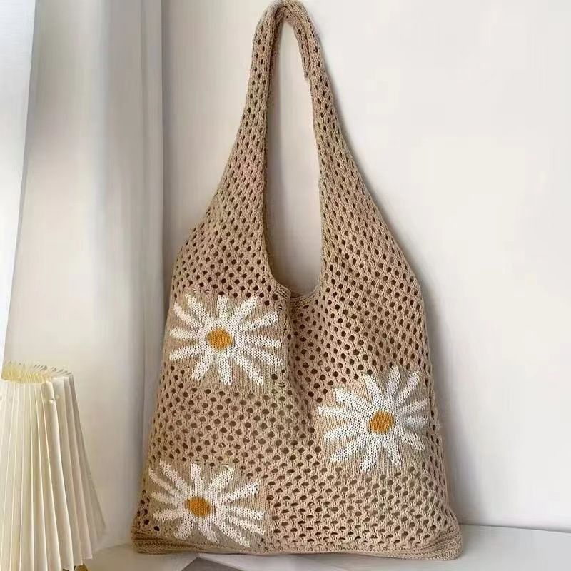 Bohemian Crochet Beach Tote Bag with Seashell & Heart Pearl Charm Keychains view 2