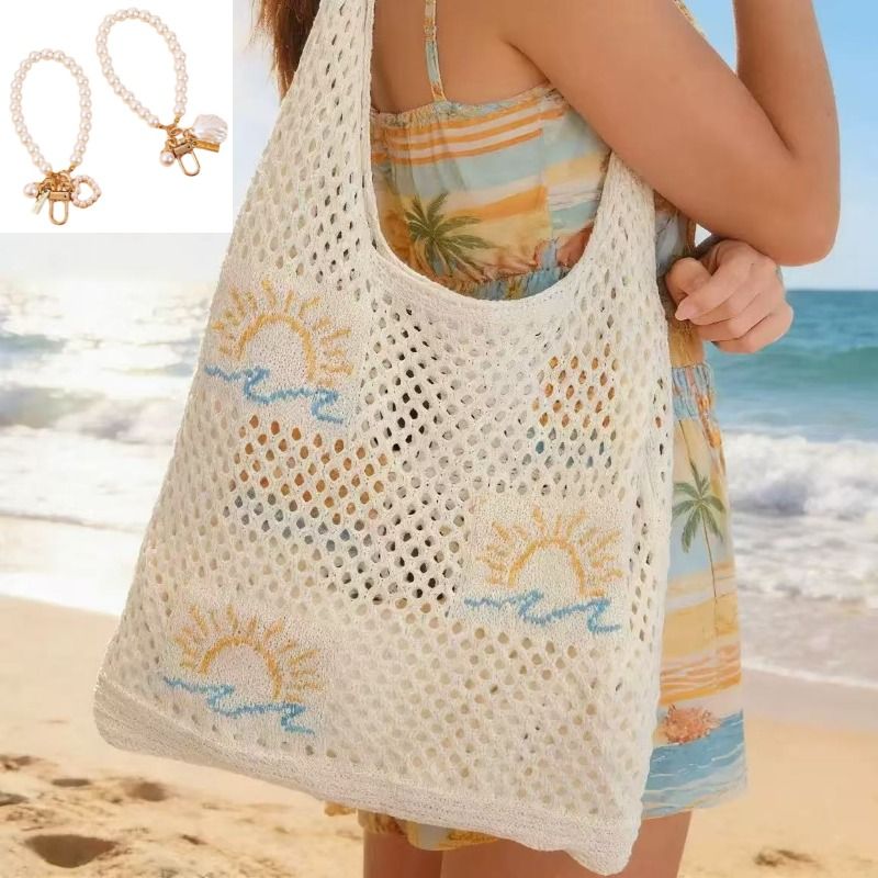 Bohemian Crochet Beach Tote Bag with Seashell & Heart Pearl Charm Keychains