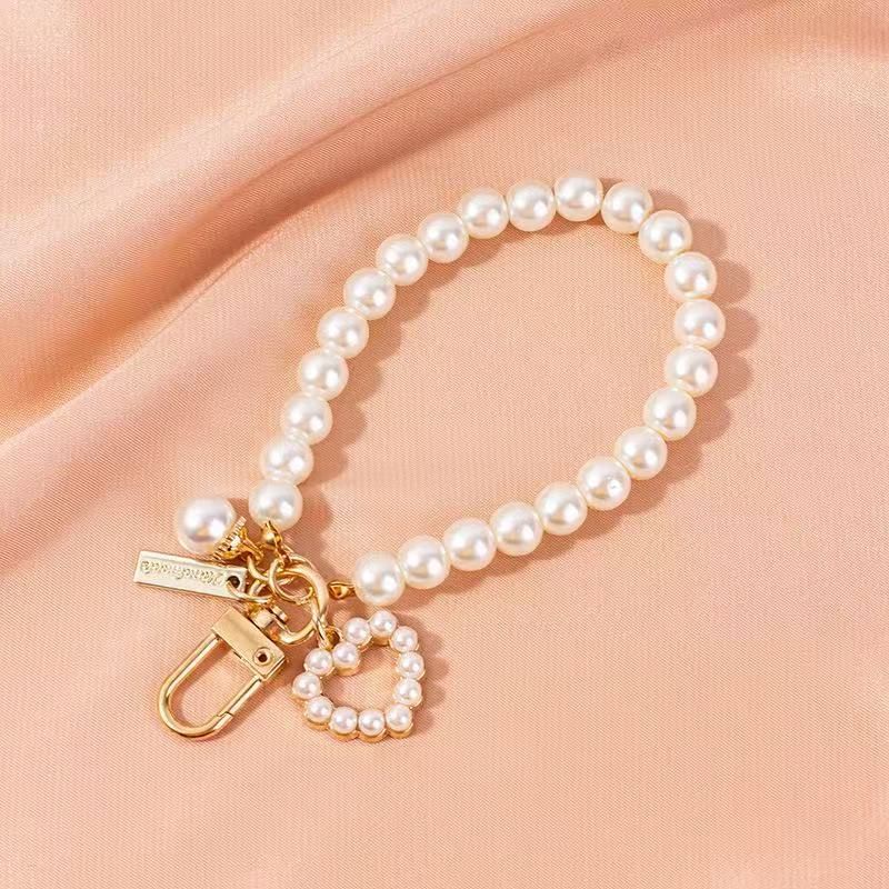 Pearl Beaded Bracelet / Keychain / Bag Charm with Elegant Pearl Heart Pendant