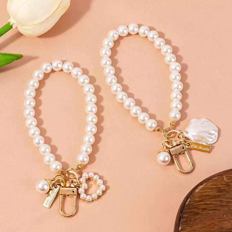 Pearl Beaded Bracelet / Keychain / Bag Charm with Elegant Pearl Heart Pendant view 2