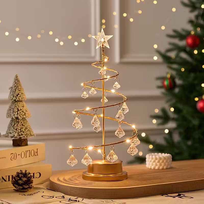 Elegant Mental Spiral Crystal Christmas Tree Lamp - Battery Operated Tabletop