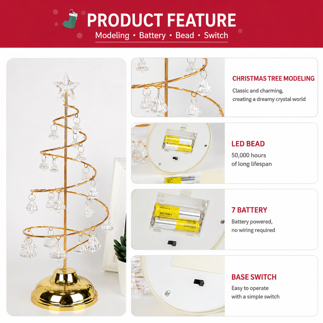 Elegant Mental Spiral Crystal Christmas Tree Lamp - Battery Operated Tabletop view 2