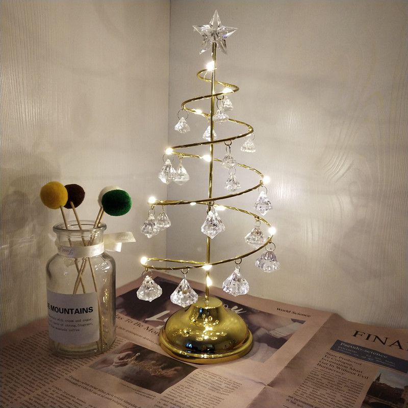 Gold Iron Spiral Crystal Christmas Tree Lamp - Elegant Battery Operated