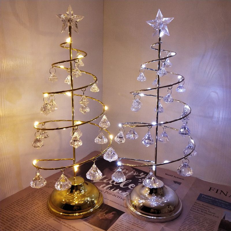 2 Pack Gold & Silver Iron Spiral Crystal Christmas Tree Lamp - Elegant Battery