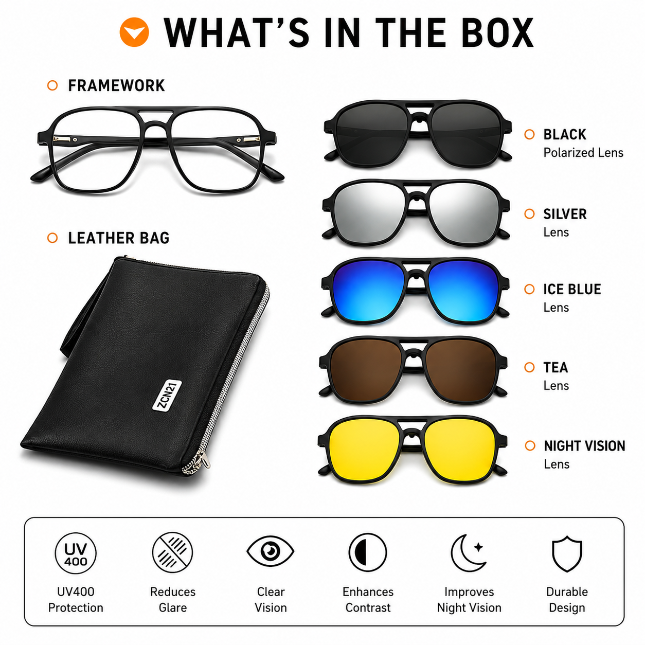 7-in-1 Magnetic Clip-On Sunglasses Set with Flexible Frame and Leather Bag view 2