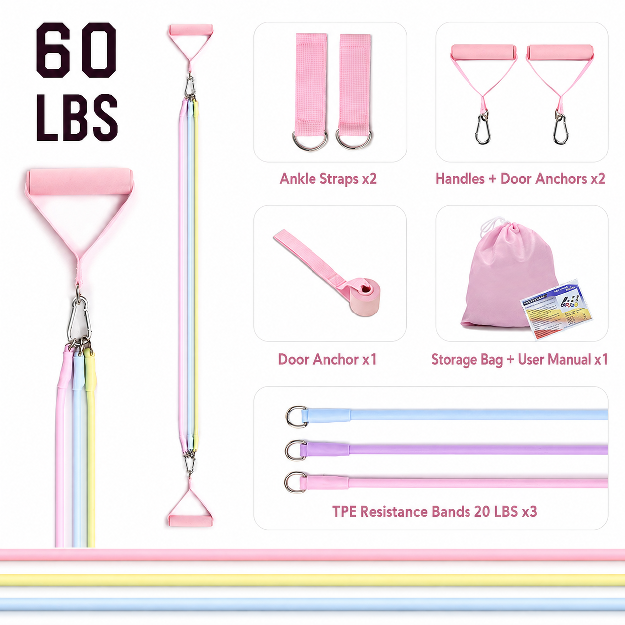 Women's Multifunctional 60 lbs Resistance Band Set with Storage Bag