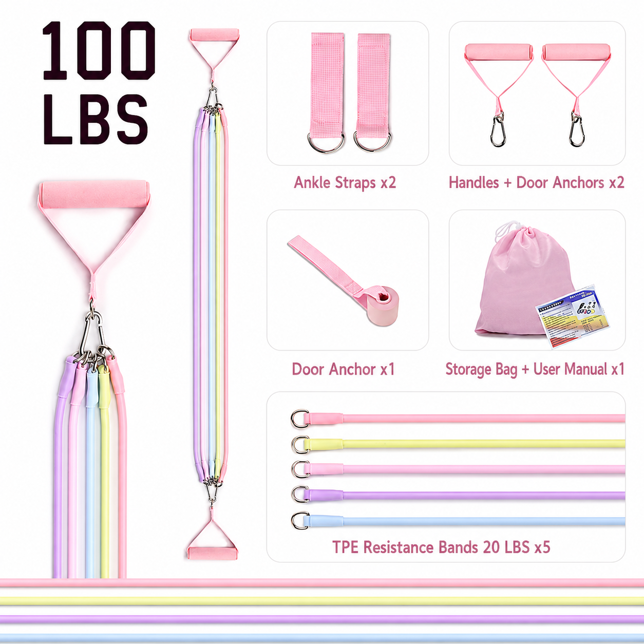 Women's Multifunctional 100 lbs Resistance Band Set with Storage Bag