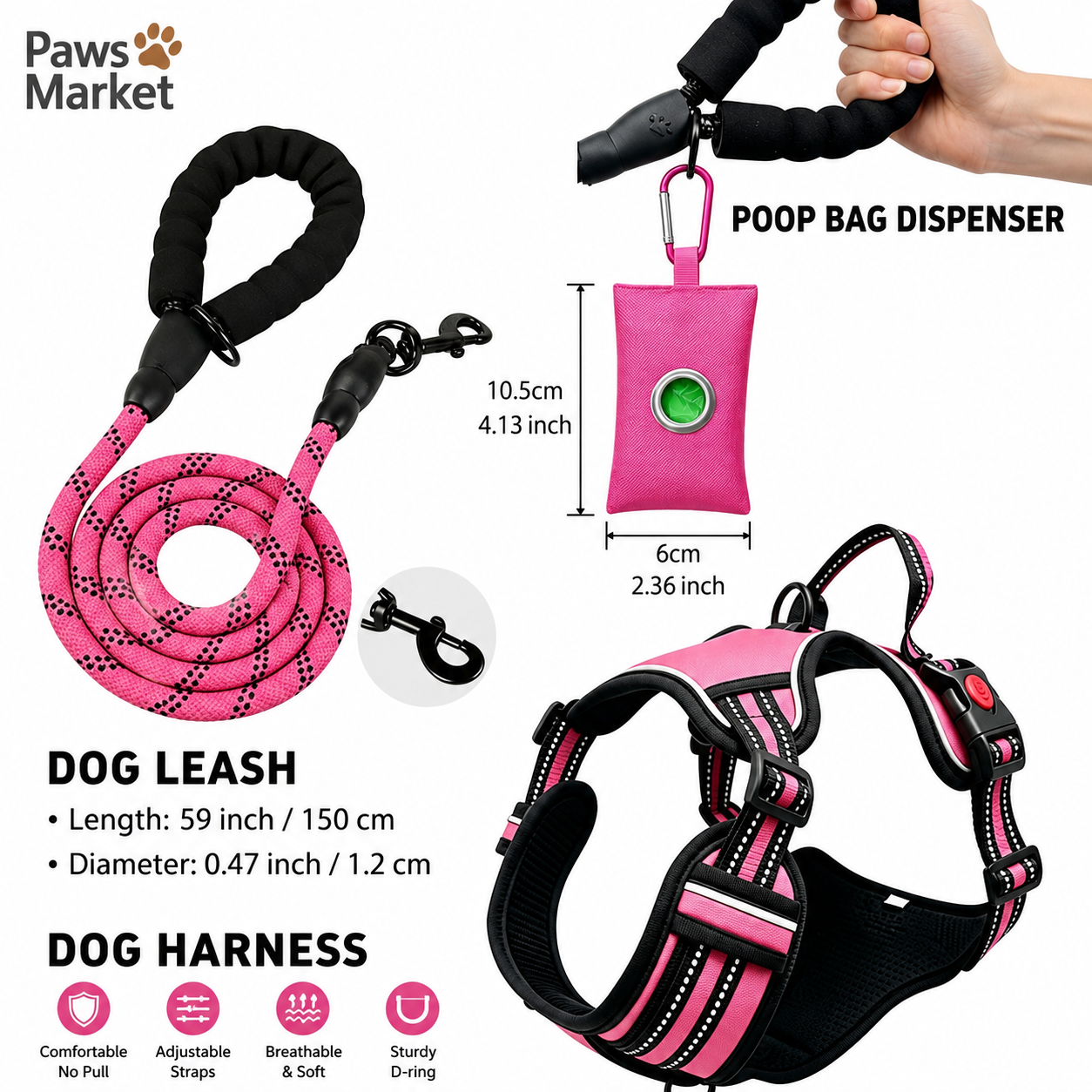 3 Piece Pink No Pull Dog Harness and Leash Set with Poop Bag Holder (XL Size) — image 1