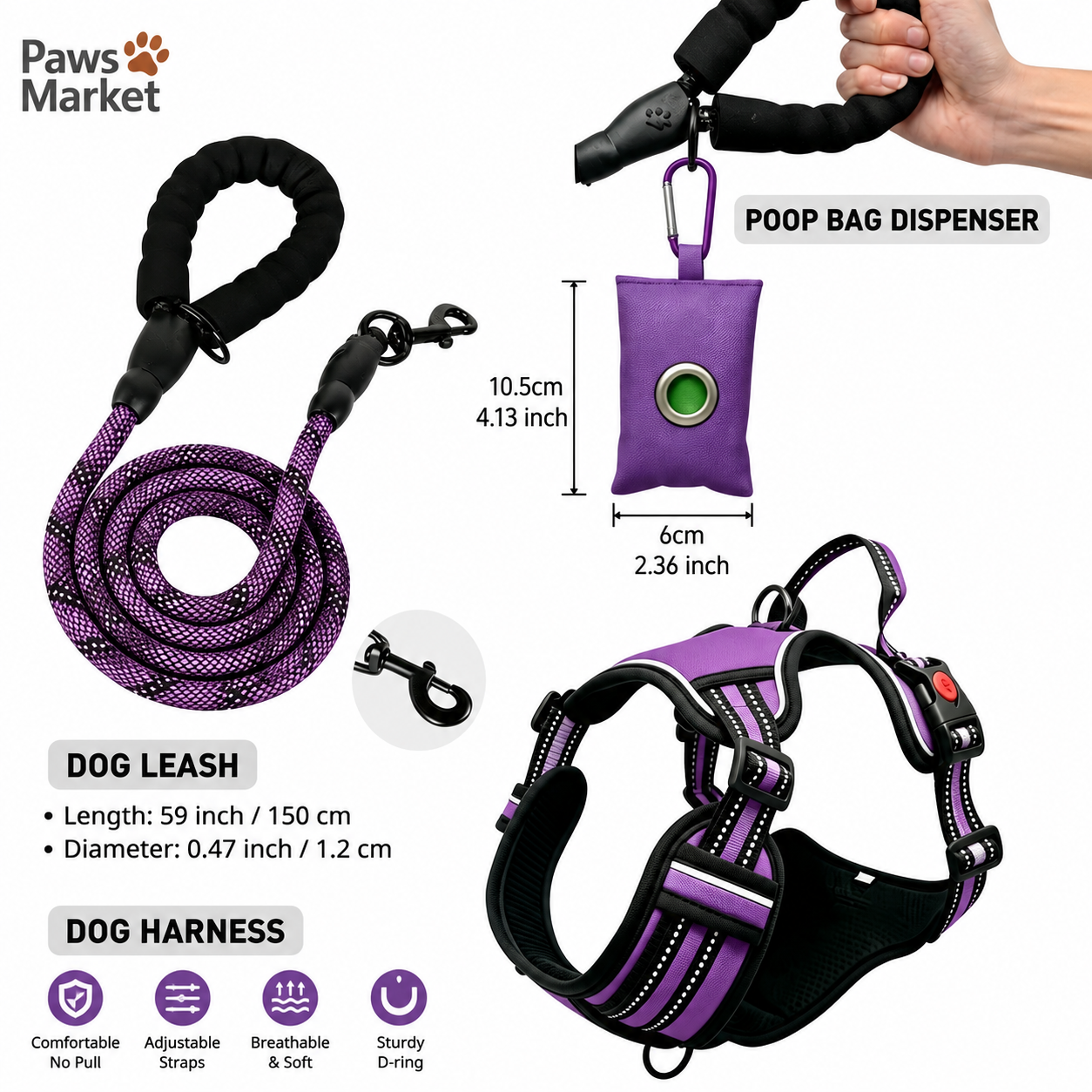 3 Piece Purple No Pull Dog Harness and Leash Set with Poop Bag Holder (XL — image 1