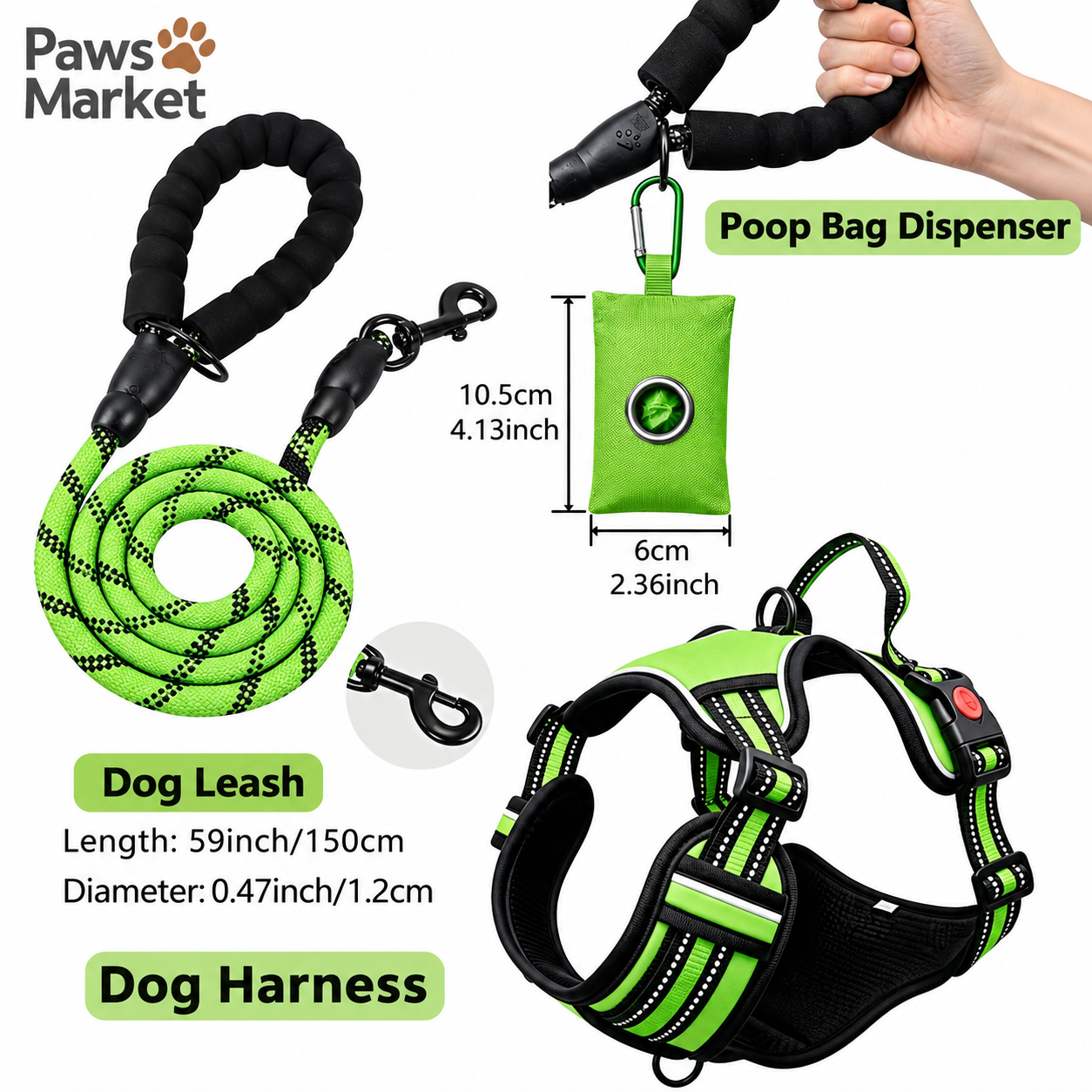 3 Piece Green No Pull Dog Harness and Leash Set with Poop Bag Holder (M Size) — image 1