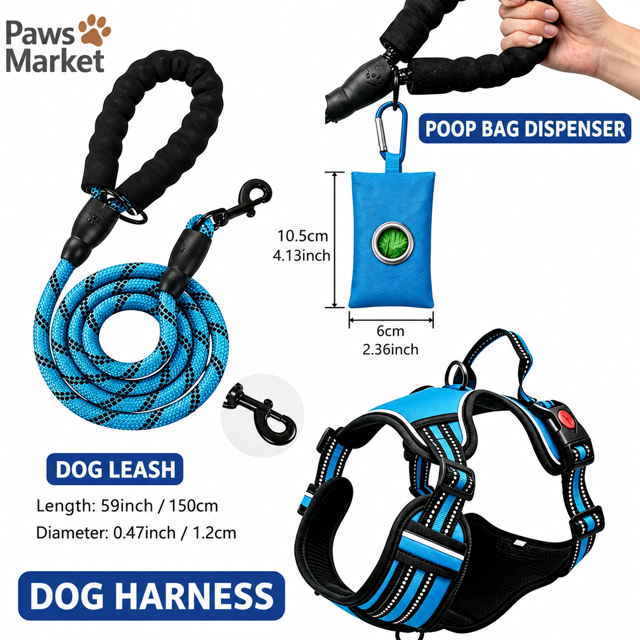 3 Piece Blue No Pull Dog Harness and Leash Set with Poop Bag Holder (M Size) — image 1