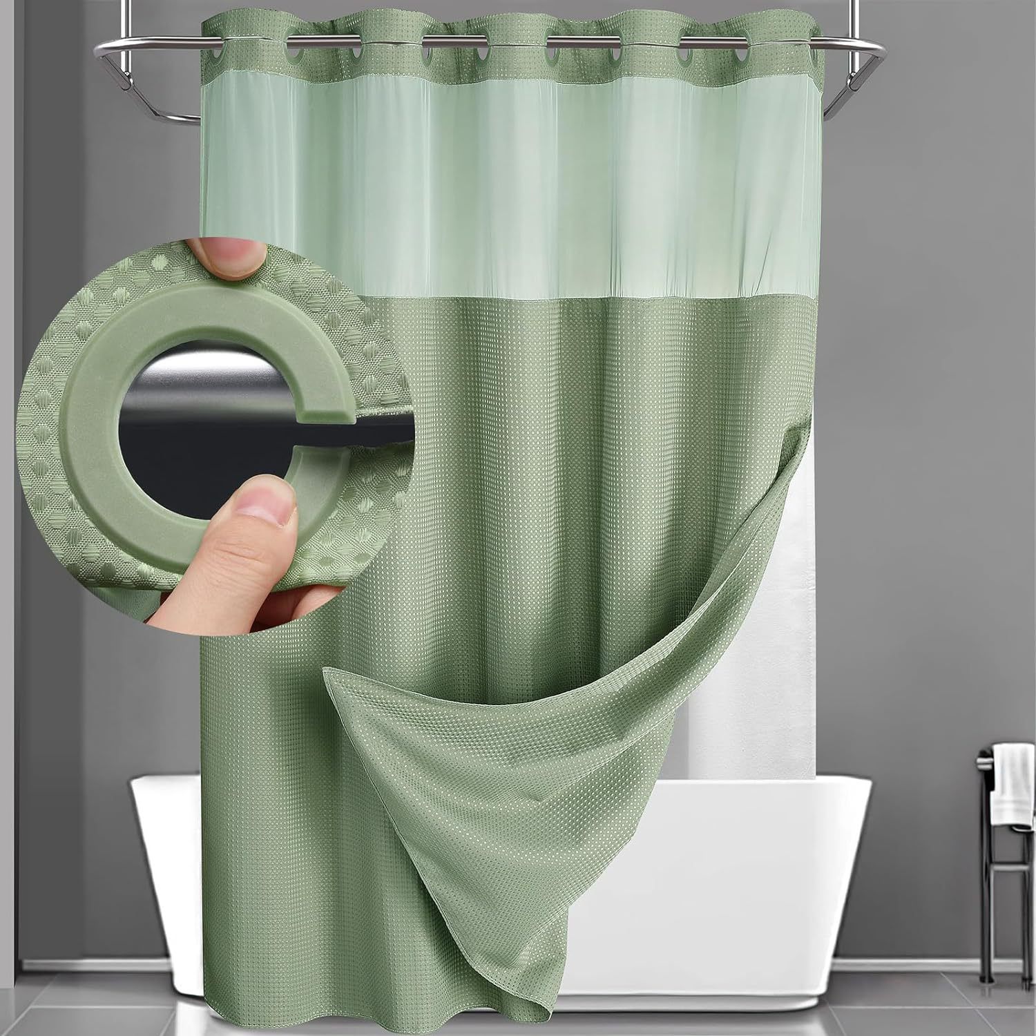 Green Hook Free Waffle Weave Shower Curtain (71 x 75") - Double Layer Curtain
