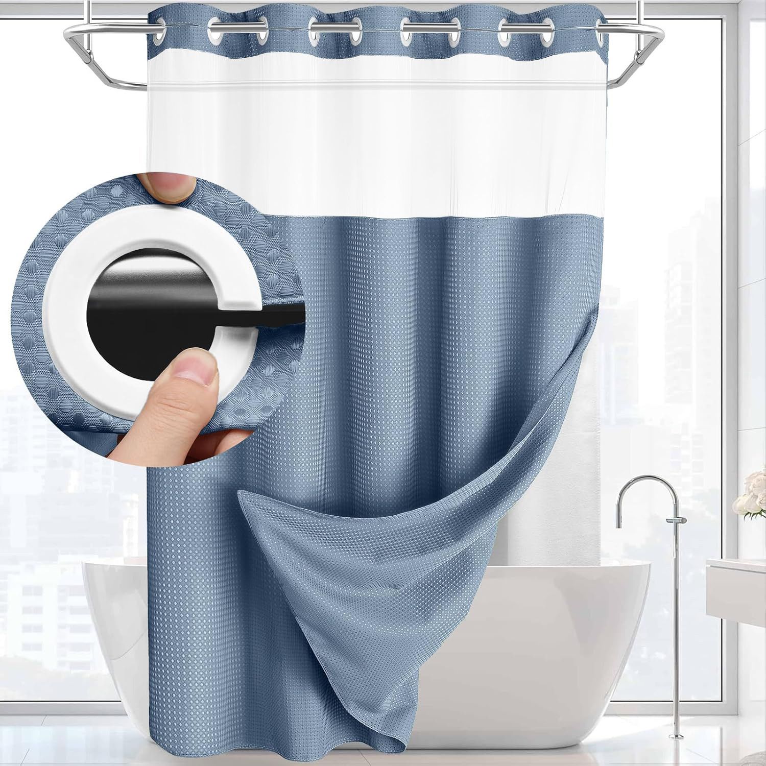 Blue Hook Free Waffle Weave Shower Curtain (71 x 81") - Double Layer Curtain