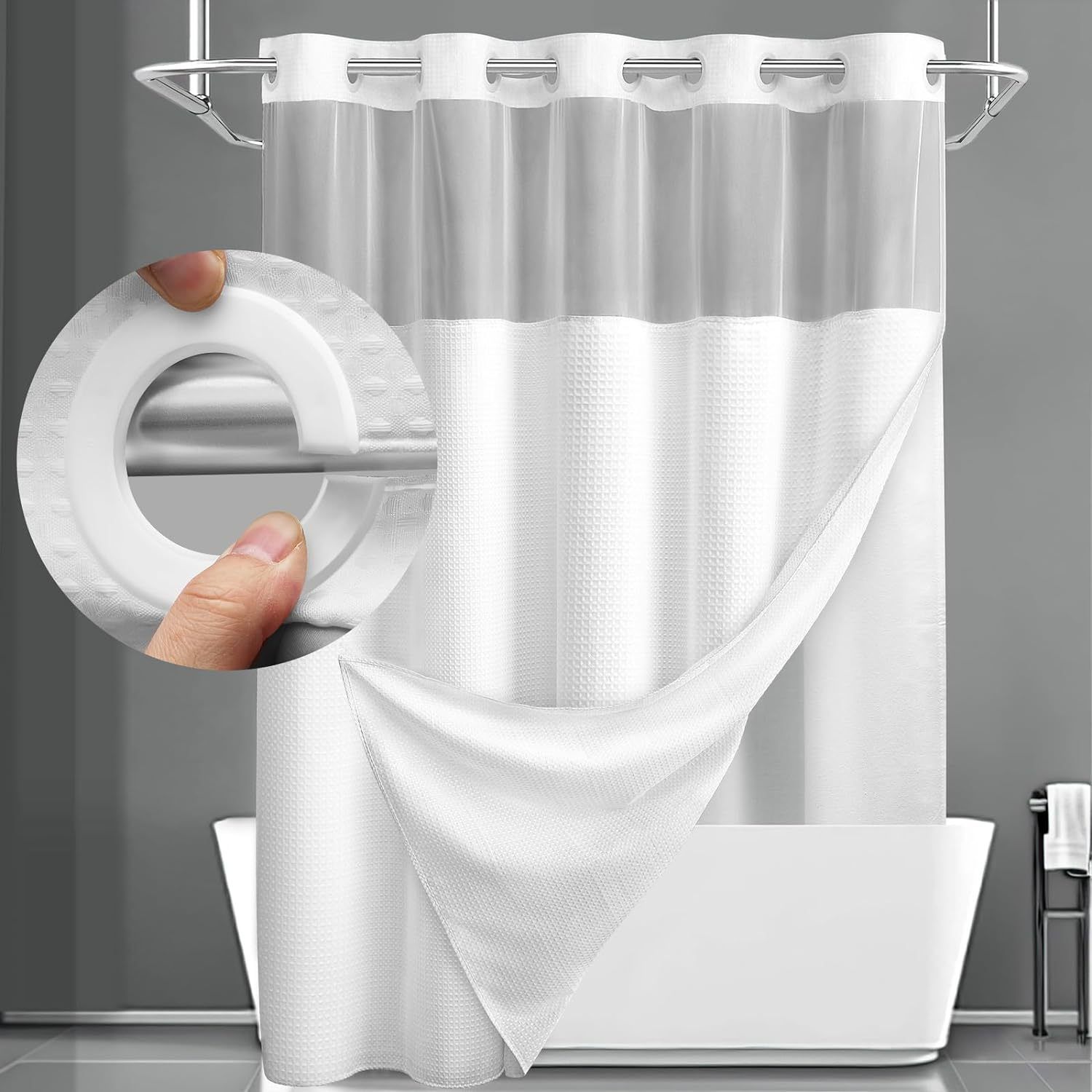 White Hook Free Waffle Weave Shower Curtain (71 x 81") - Double Layer Curtain