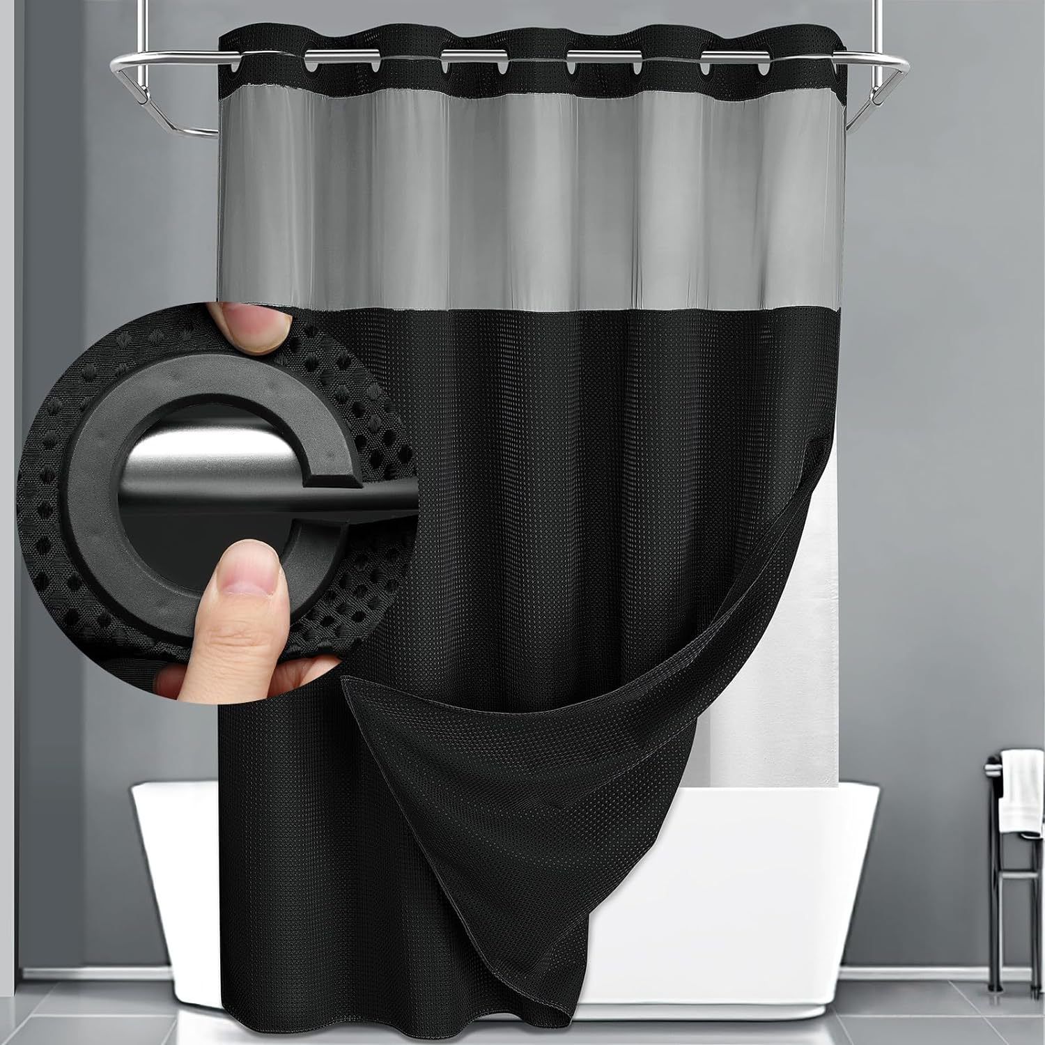 Black Hook Free Waffle Weave Shower Curtain (71 x 81") - Double Layer Curtain