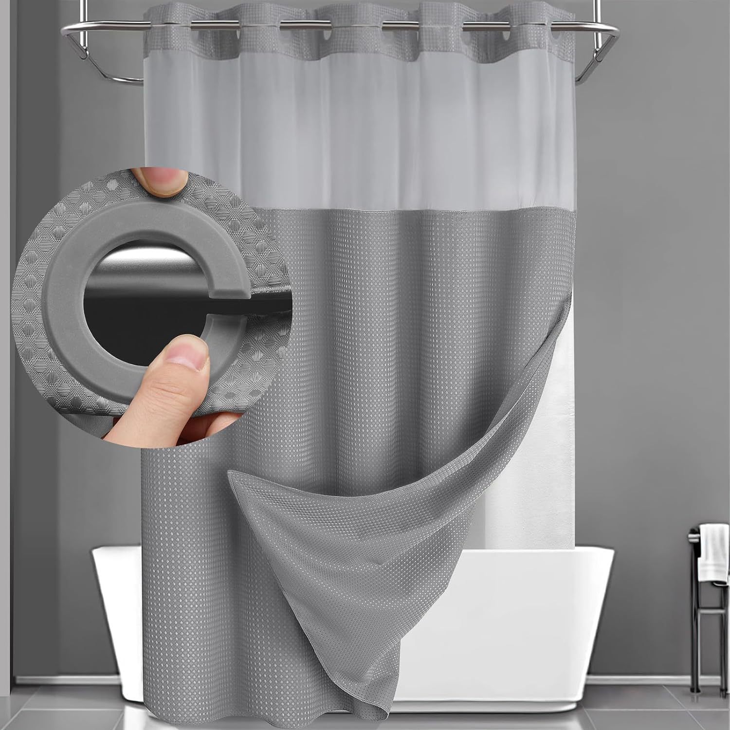 Grey Hook Free Waffle Weave Shower Curtain (71 x 81") - Double Layer Curtain
